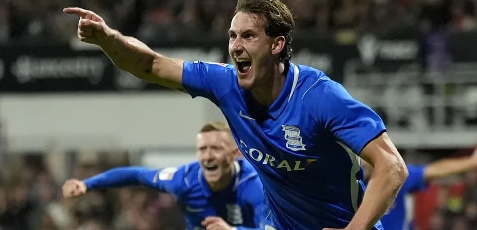 Birmingham City player celebrating a goal enthusiastically