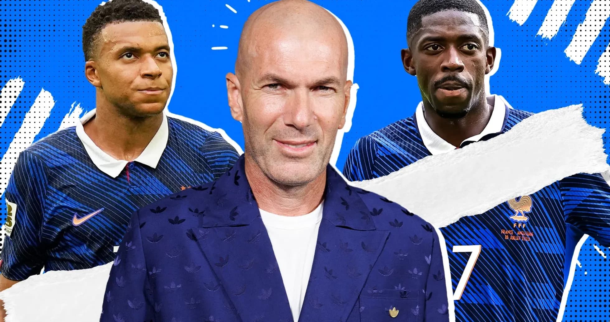 Kylian Mbappé, Zinédine Zidane, Ousmane Dembélé in France jerseys