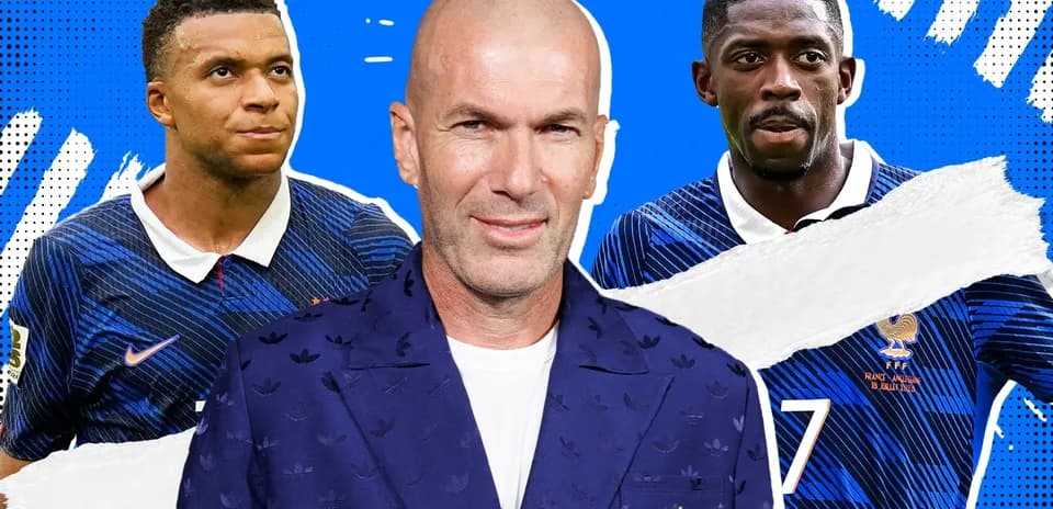 Kylian Mbappé, Zinédine Zidane, Ousmane Dembélé in France jerseys