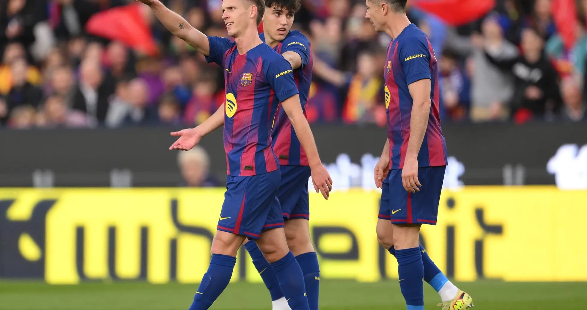 Barcelona players celebrating during La Liga match