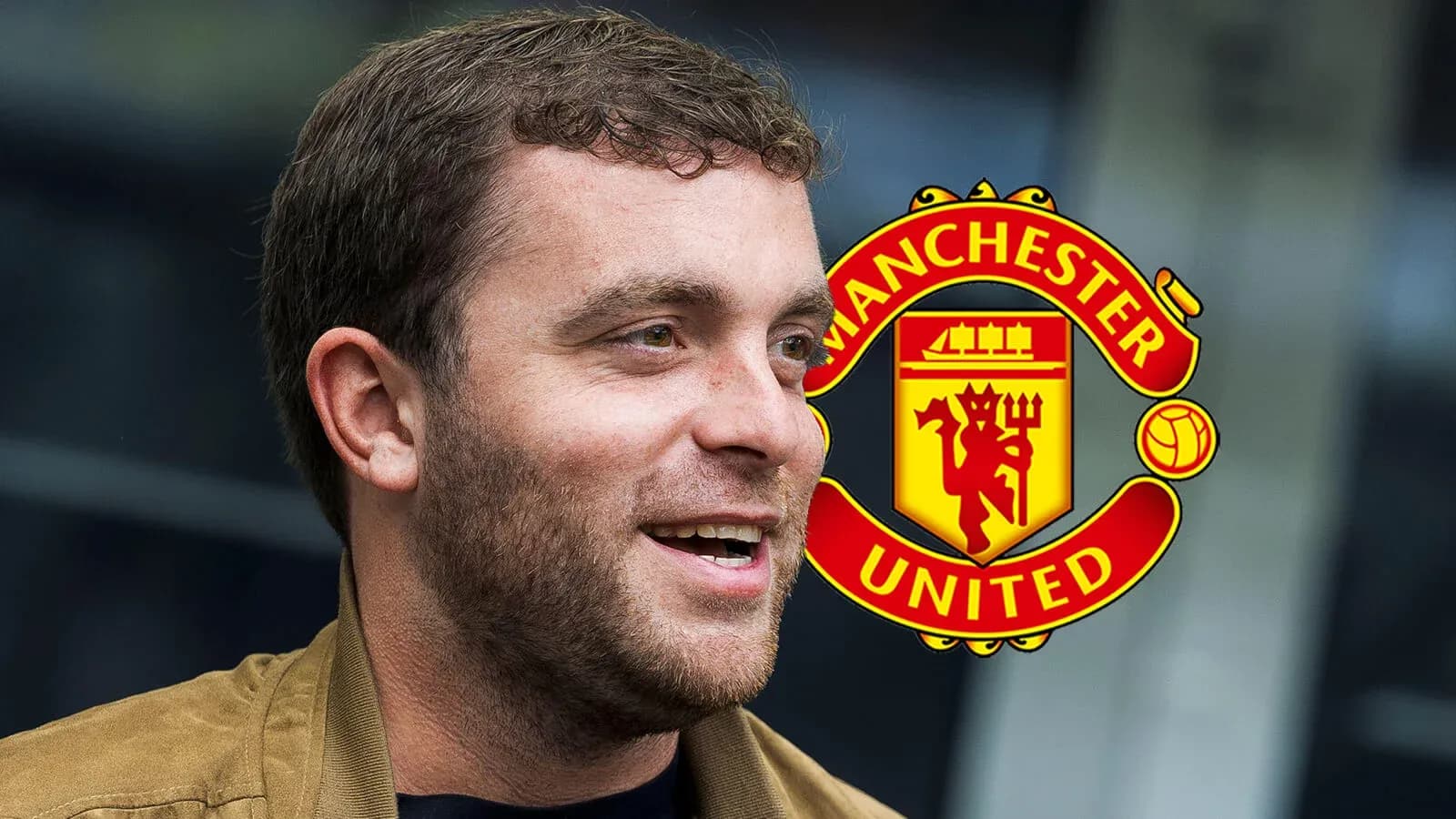 Person smiling with Manchester United logo in background