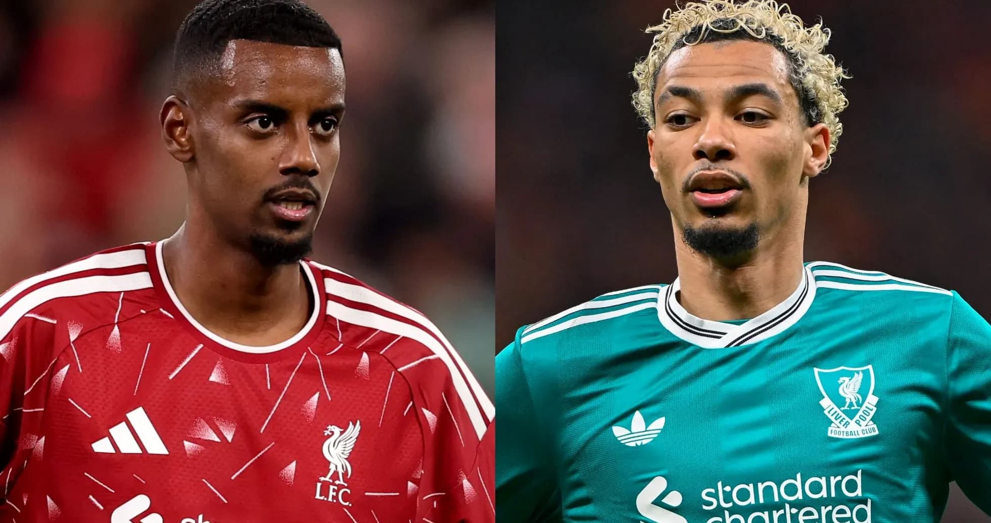 Two Liverpool players in team jerseys during match