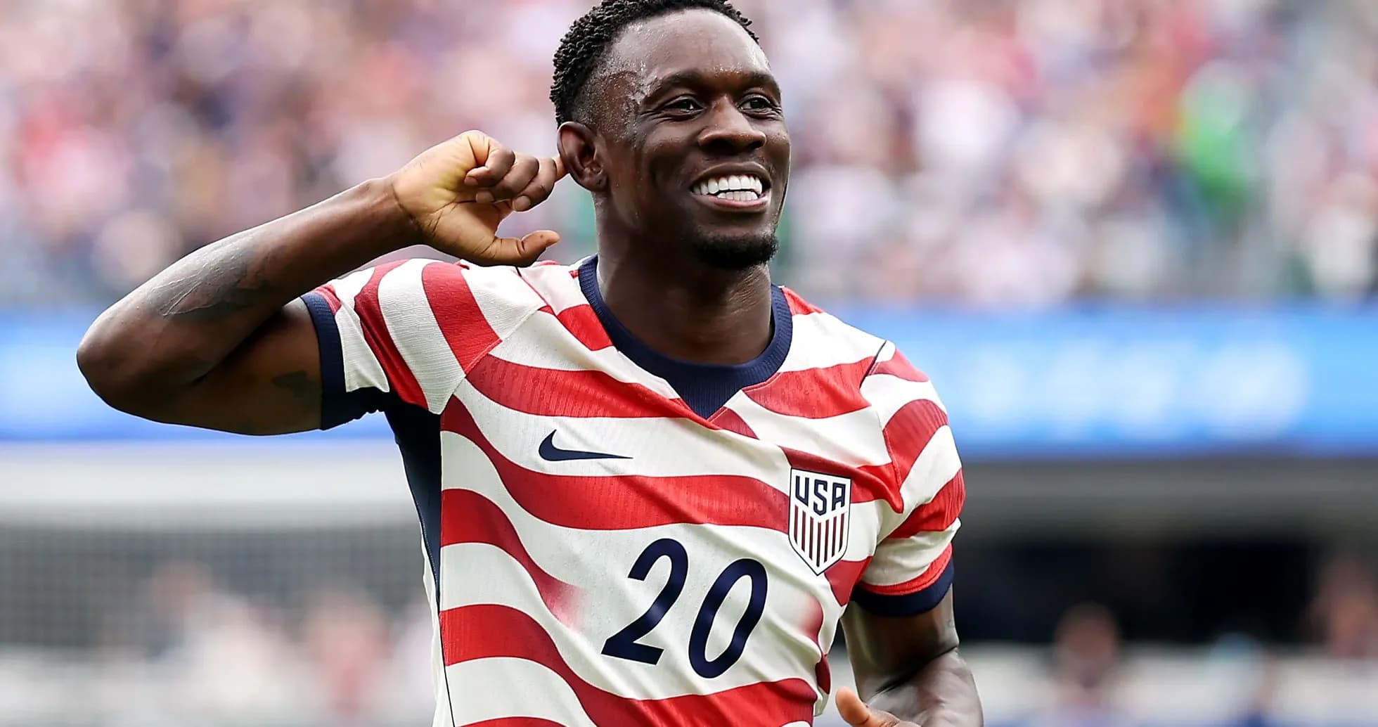 Player celebrating in USA jersey during match