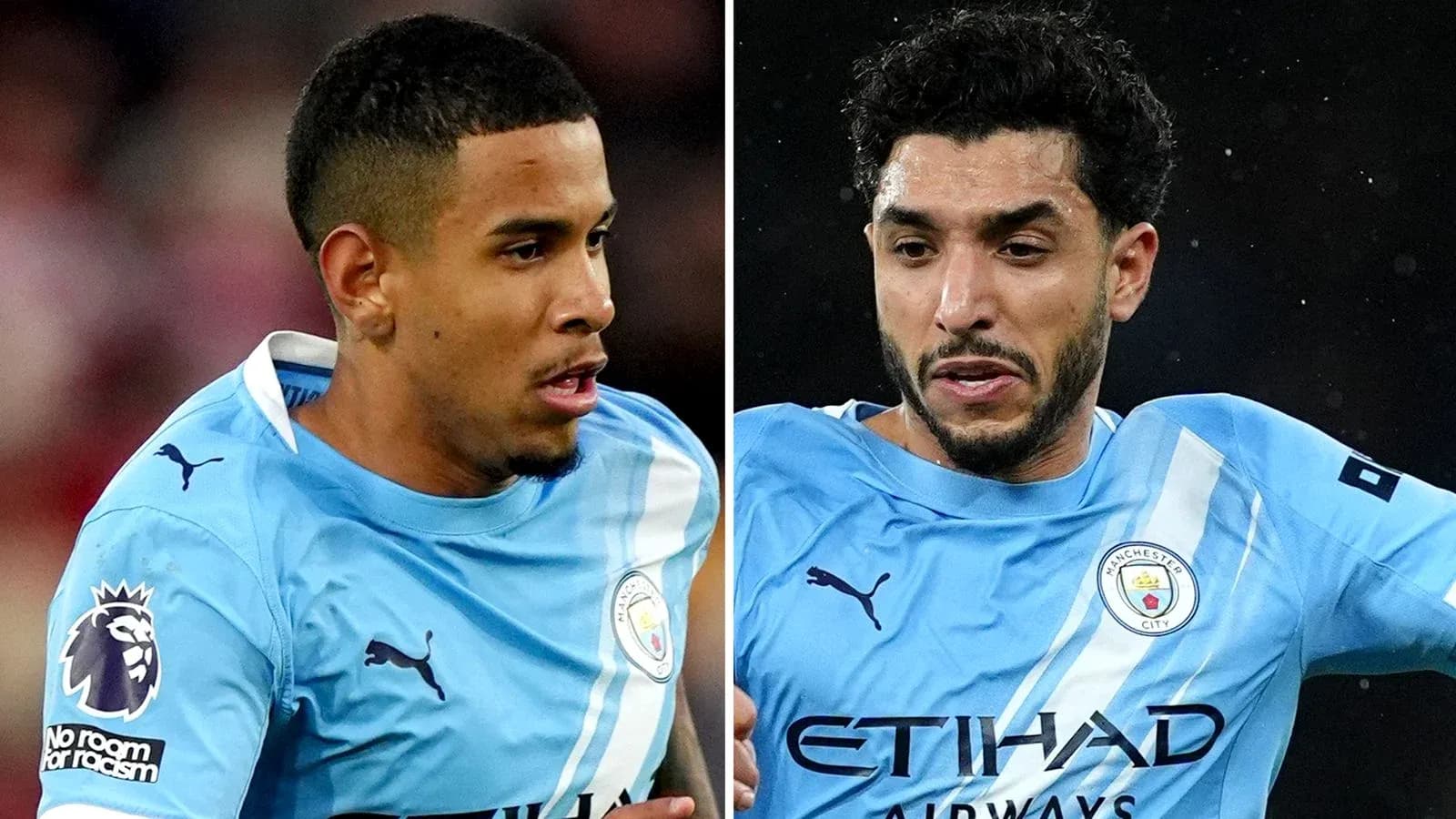 Two Manchester City players in light blue kits
