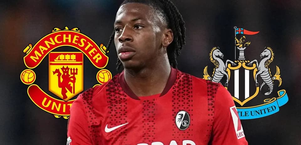 Player in red kit with Manchester and Newcastle logos