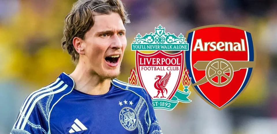 Goalkeeper celebrating with team logos of Liverpool and Arsenal