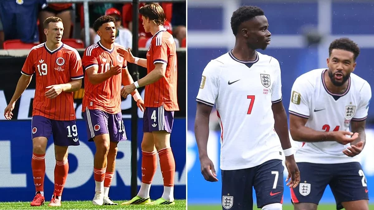 Colombian and English players interacting on the field
