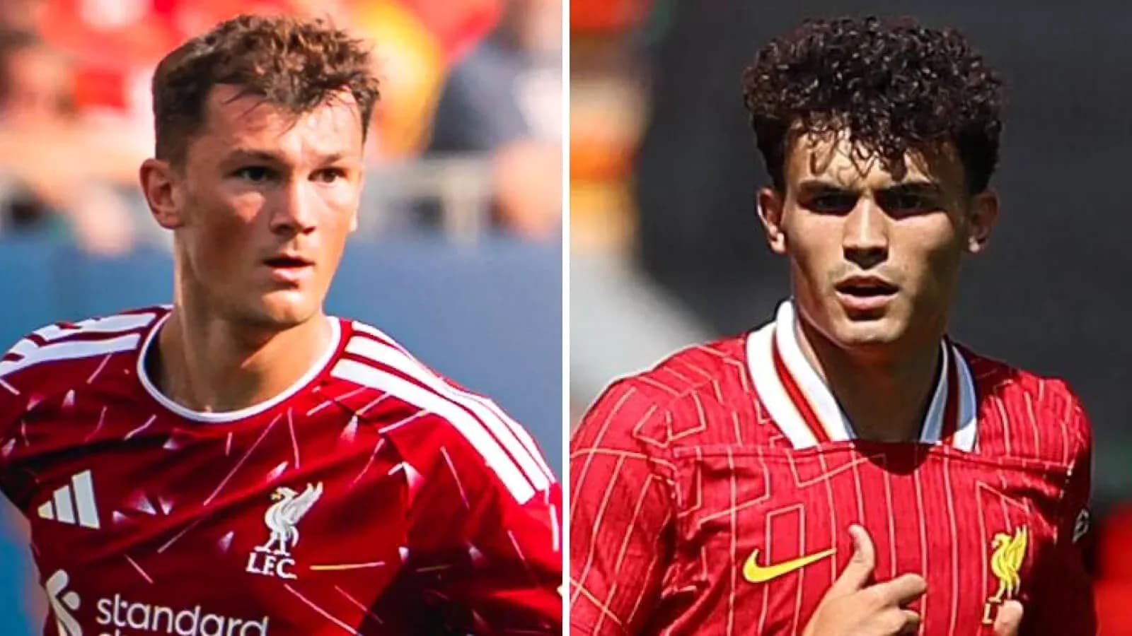 Two Liverpool players in red kits on field