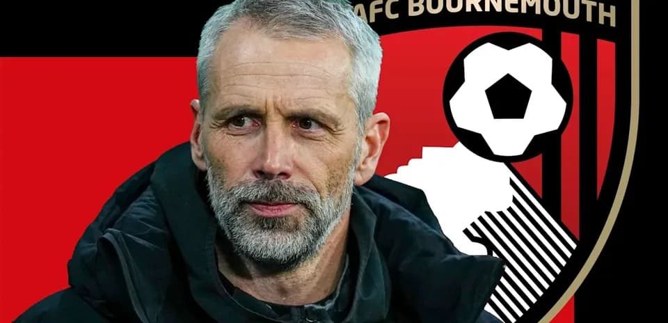 AFC Bournemouth manager portrait with club logo backdrop