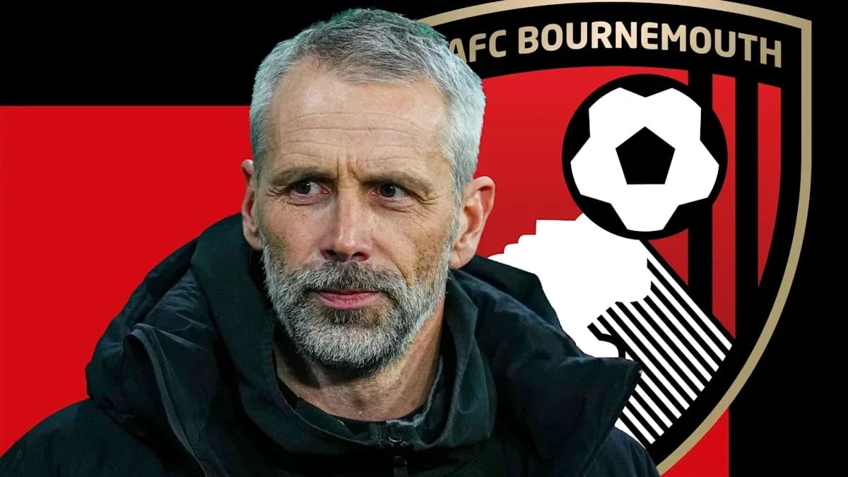 AFC Bournemouth manager portrait with club logo backdrop