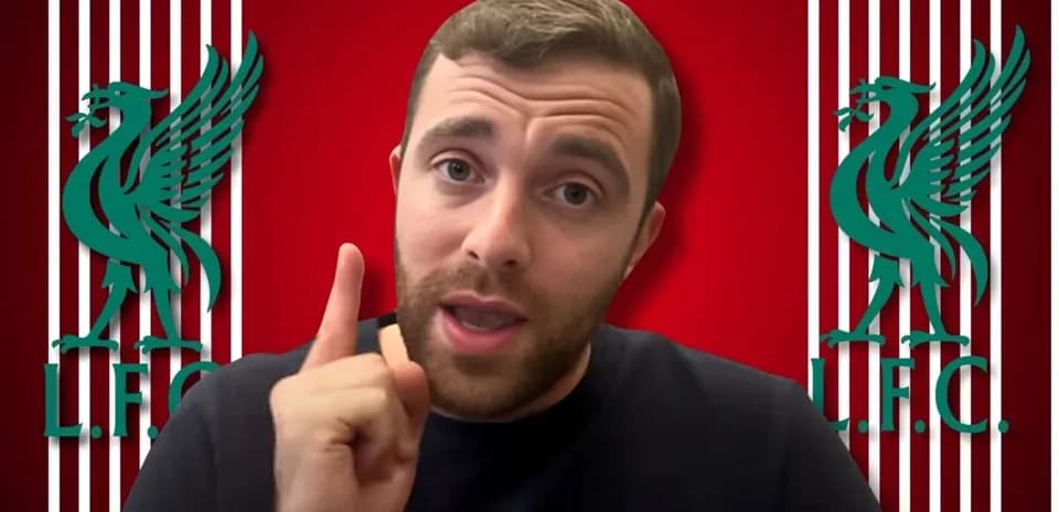 Person speaking with Liverpool FC logo background