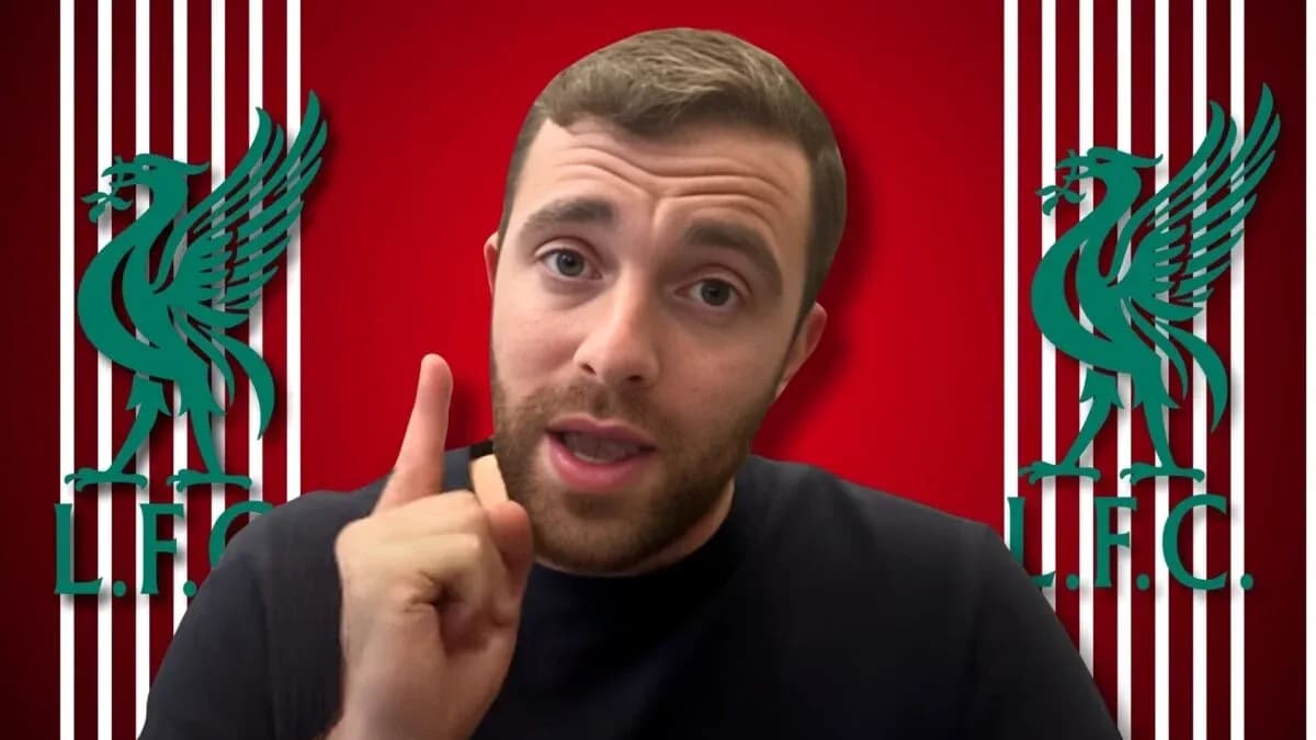 Person speaking with Liverpool FC logo background
