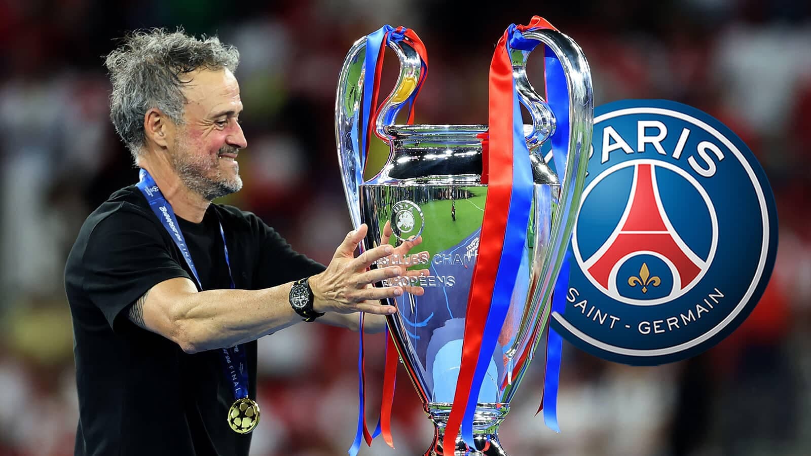 Coach celebrating with UEFA Champions League trophy