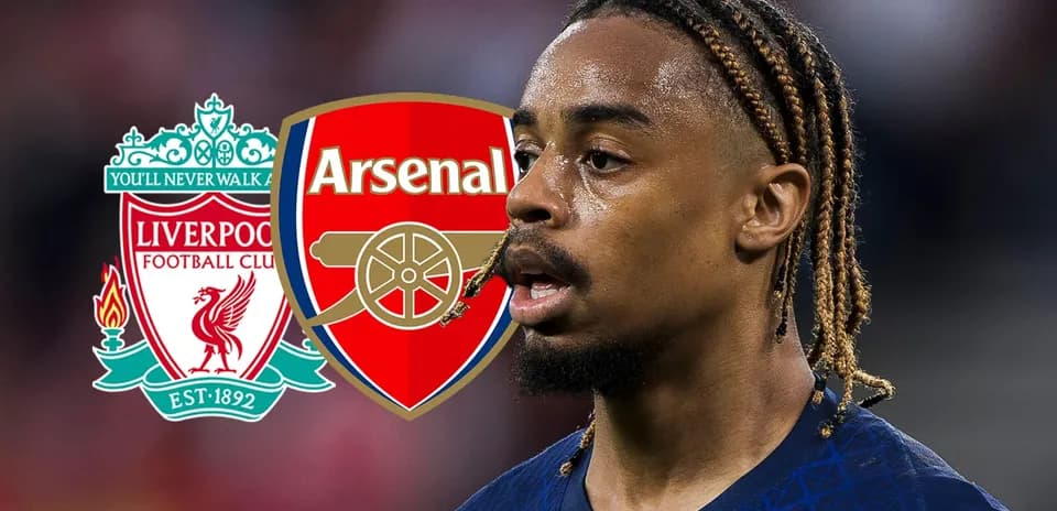 Player in focus with Liverpool and Arsenal logos