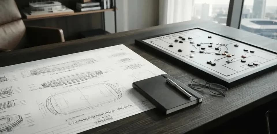Tactical board and blueprints on a desk