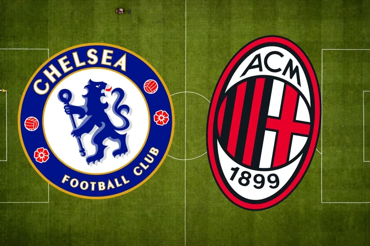 Chelsea and AC Milan logos on football pitch