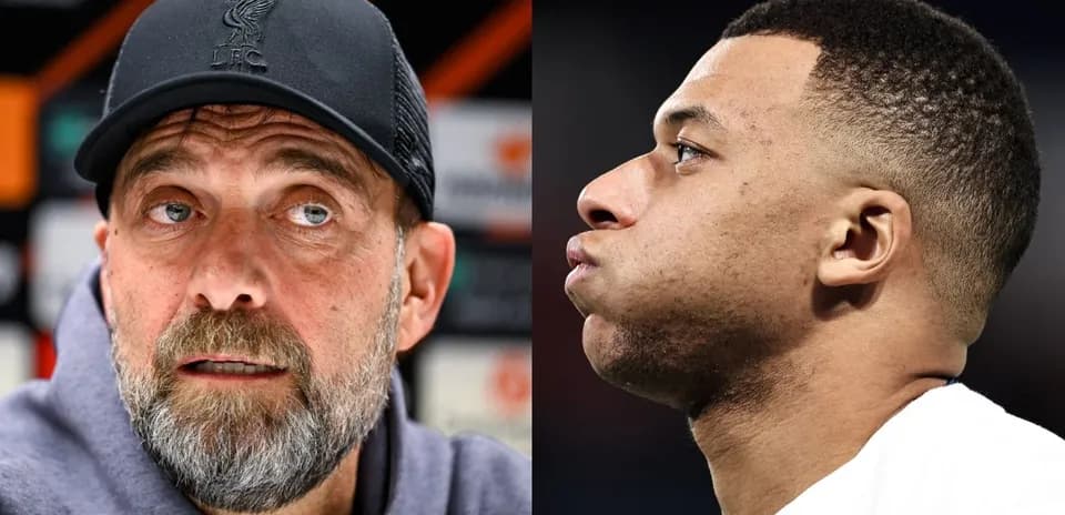 Jurgen Klopp and Kylian Mbappe in separate portraits