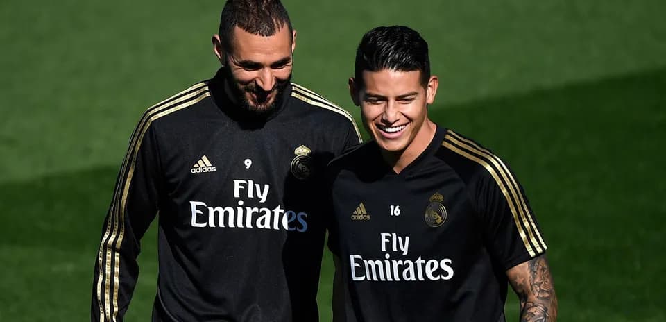 Karim Benzema and James Rodríguez during training session