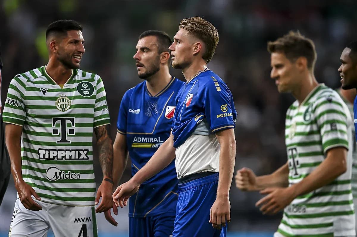 Players interacting during Ferencvarosi TC vs Vojvodina match