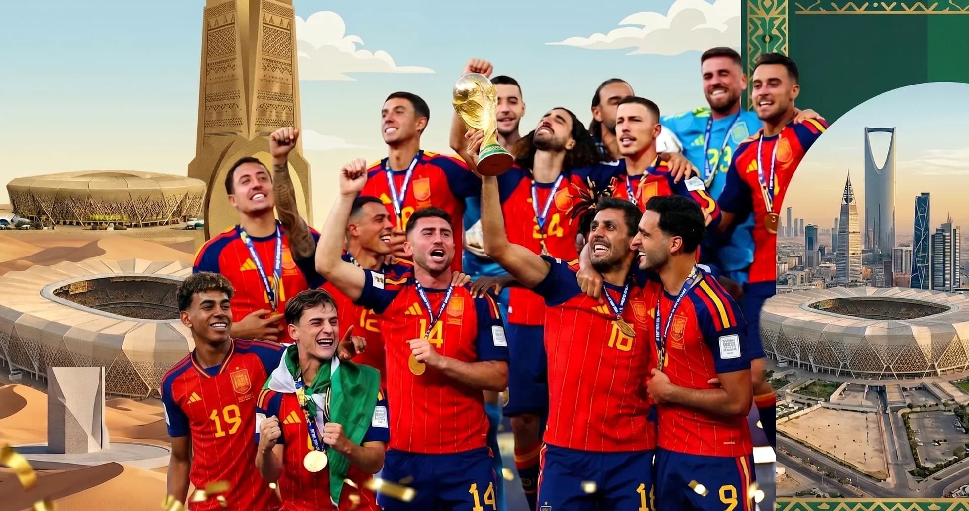 Spain national team celebrating with the World Cup trophy