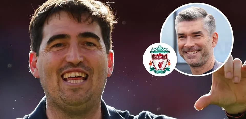 Coach celebrating with Liverpool logo in background