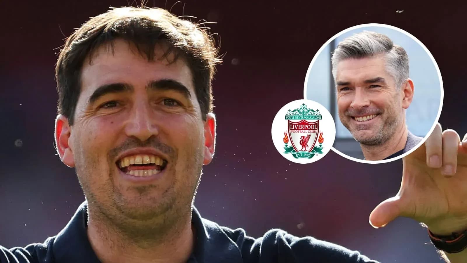 Coach celebrating with Liverpool logo in background