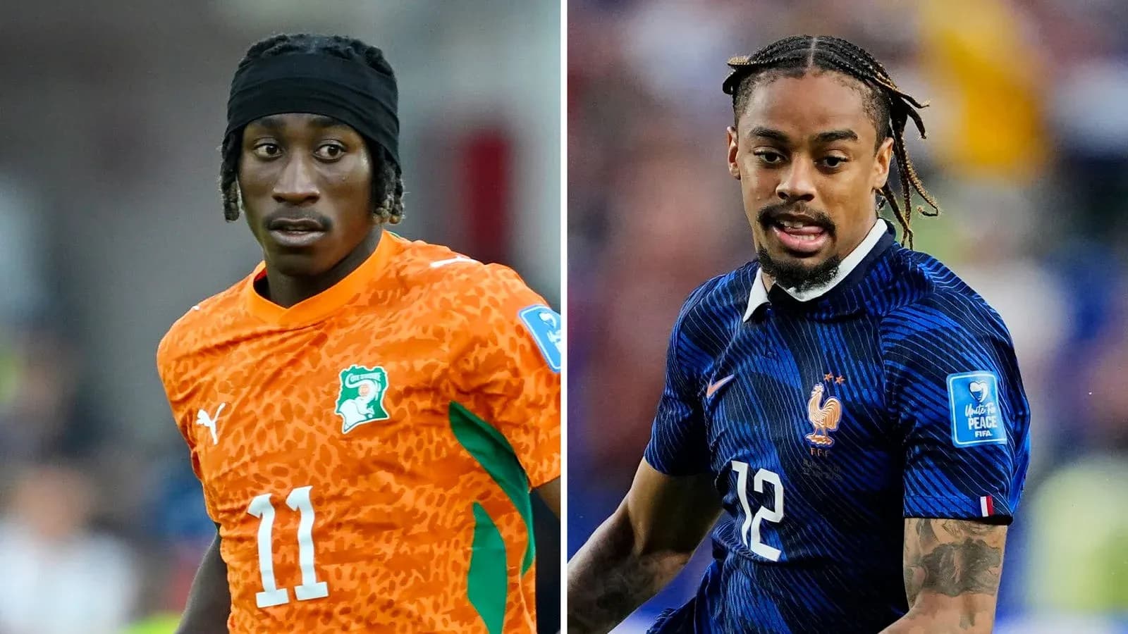 Two football players in their national team kits
