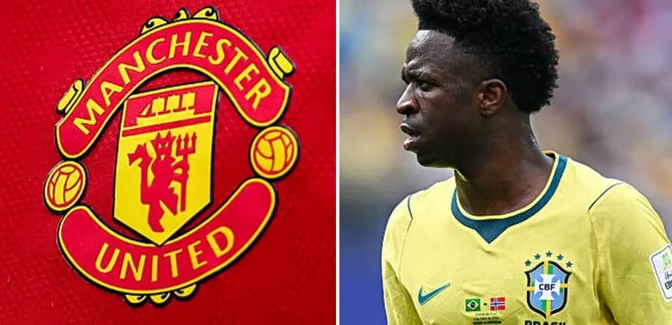 Manchester United logo next to player in Brazil jersey