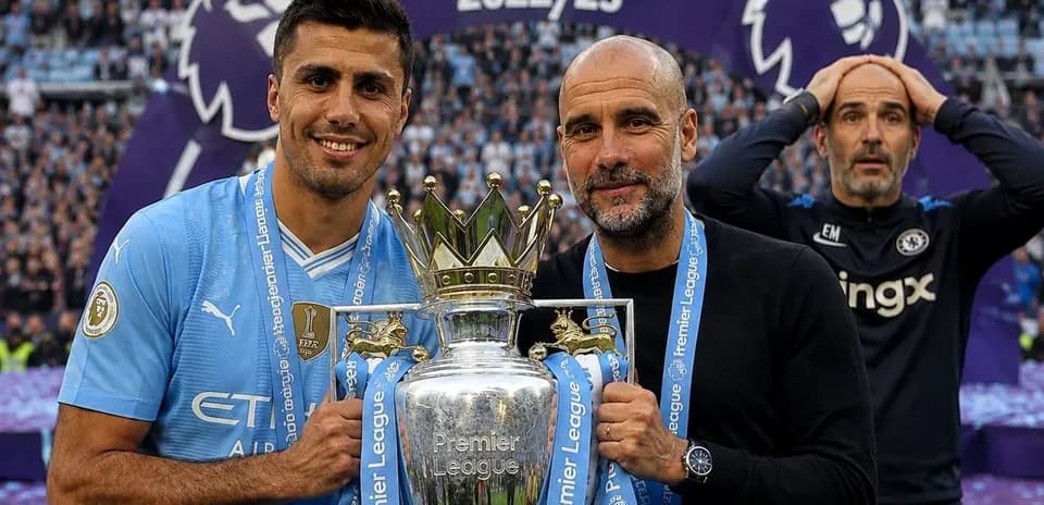 Manchester City players celebrating Premier League trophy win