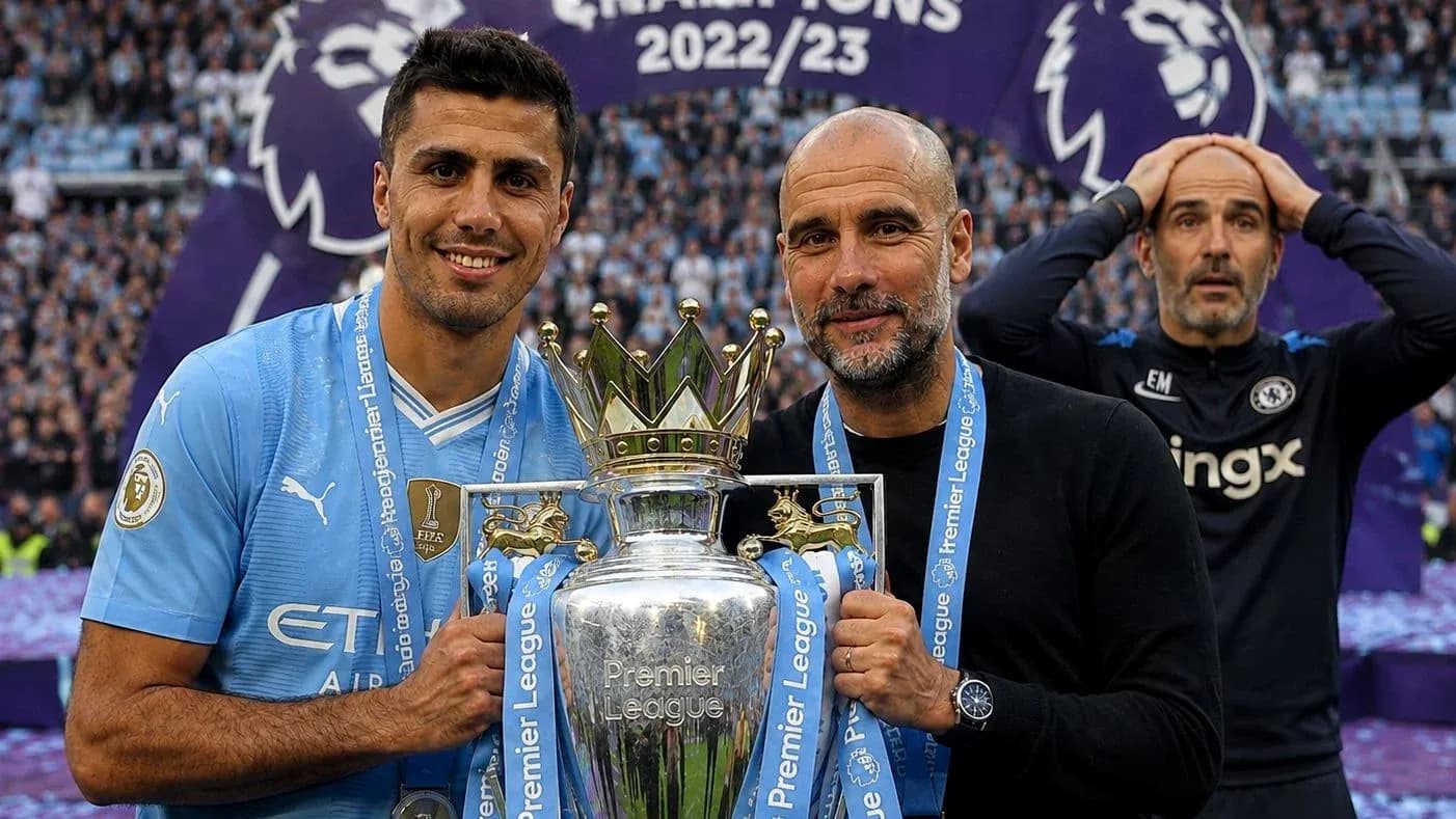 Manchester City players celebrating Premier League trophy win