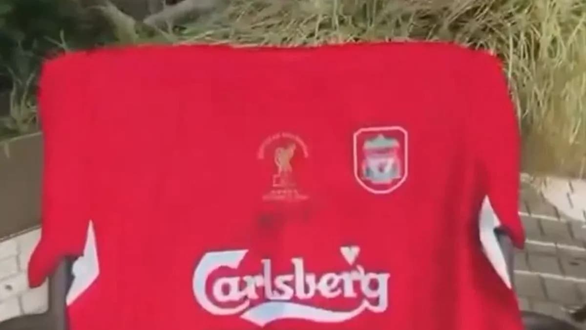 Liverpool jersey featuring Carlsberg logo displayed outdoors