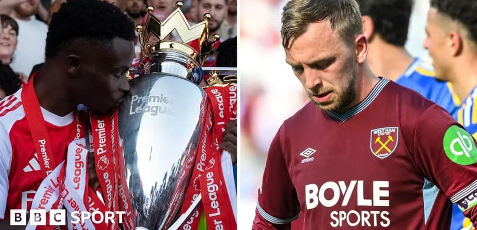 Player celebrating with Premier League trophy, another player disappointed