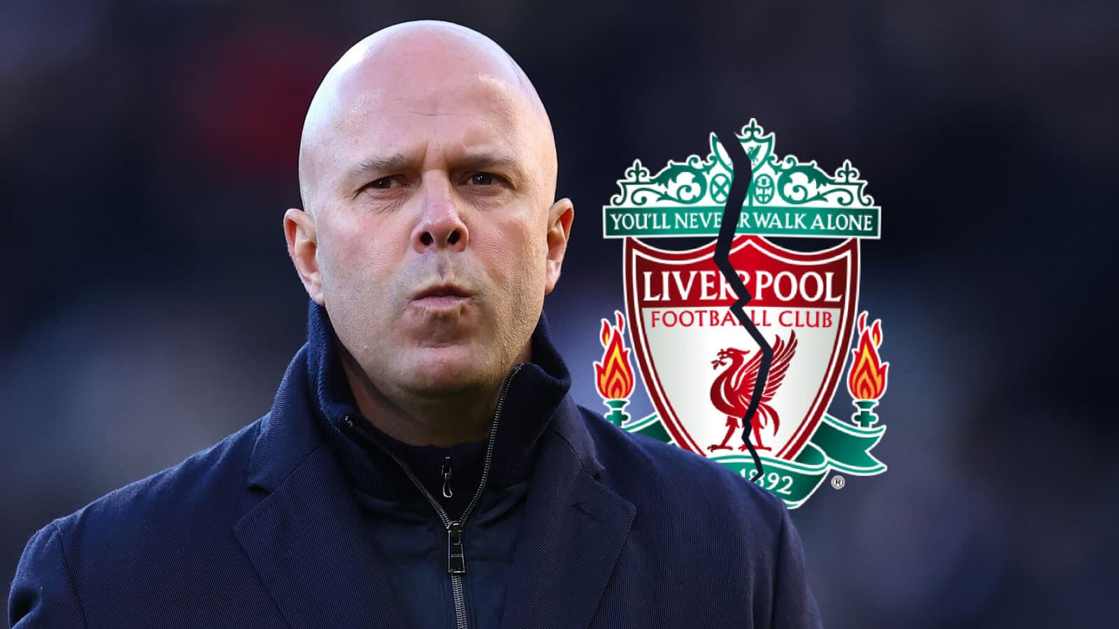 Person in front of Liverpool FC club logo