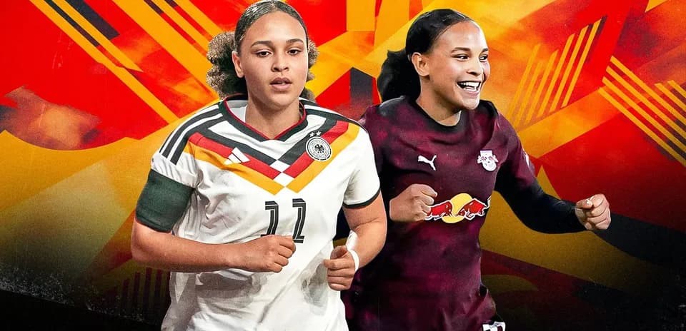 Two female soccer players in team uniforms