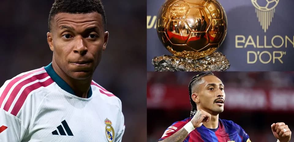 Mbappé and another player with Ballon d'Or trophy