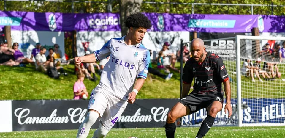 Pacific FC player dribbling past Vancouver FC opponent