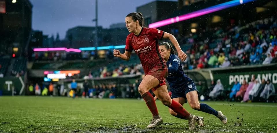 Portland Thorns player evading Chicago Red Stars opponent