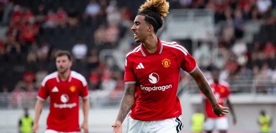 Player celebrating in Manchester United jersey during match