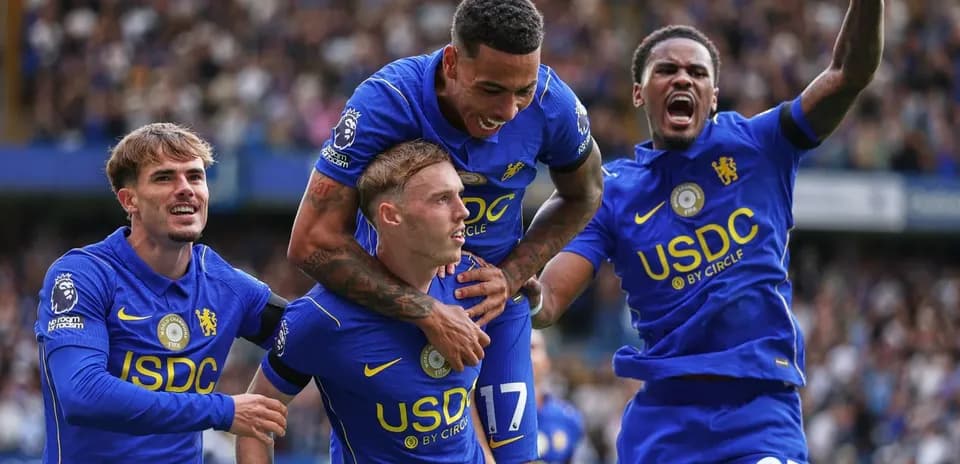 Chelsea players celebrating a goal during match
