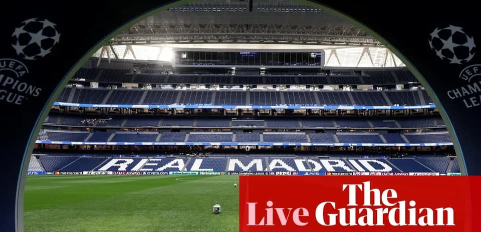 View of Santiago Bernabéu Stadium with 'REAL MADRID' sign
