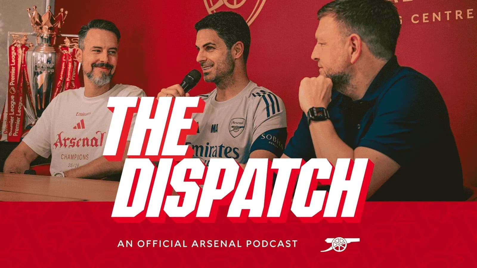 Podcast hosts discussing Arsenal at a table
