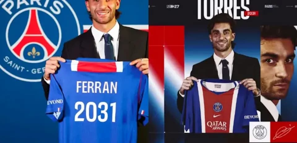 Ferran Torres holding Paris Saint-Germain jersey at unveiling