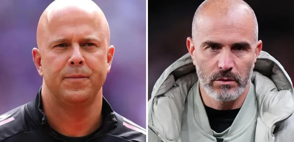 Two football managers in contrasting attire and expressions