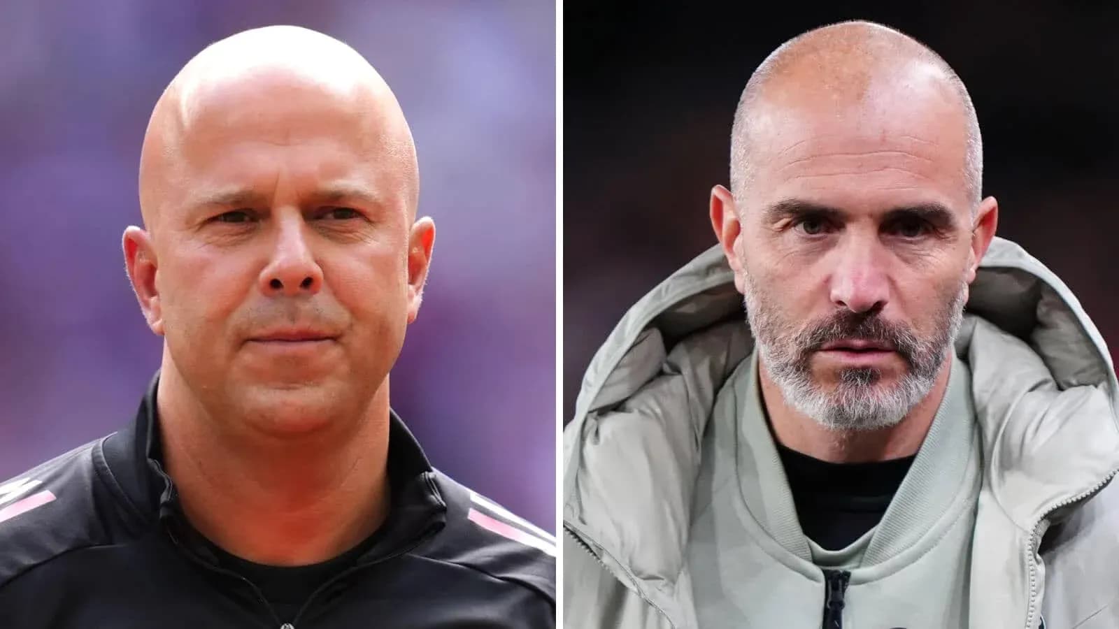 Two football managers in contrasting attire and expressions