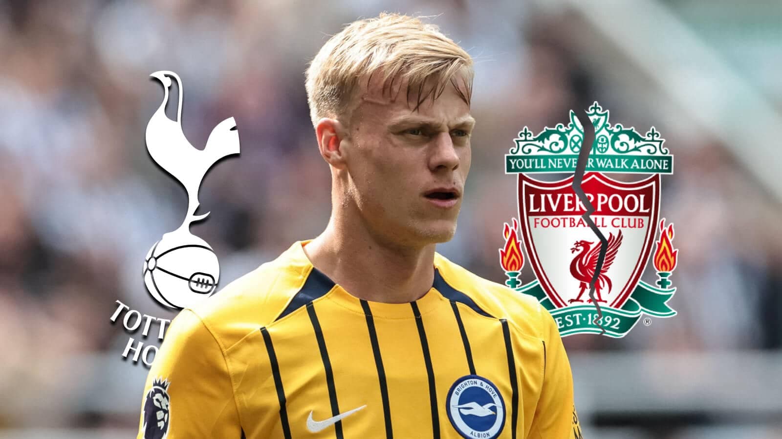 Player in yellow jersey with Tottenham and Liverpool logos