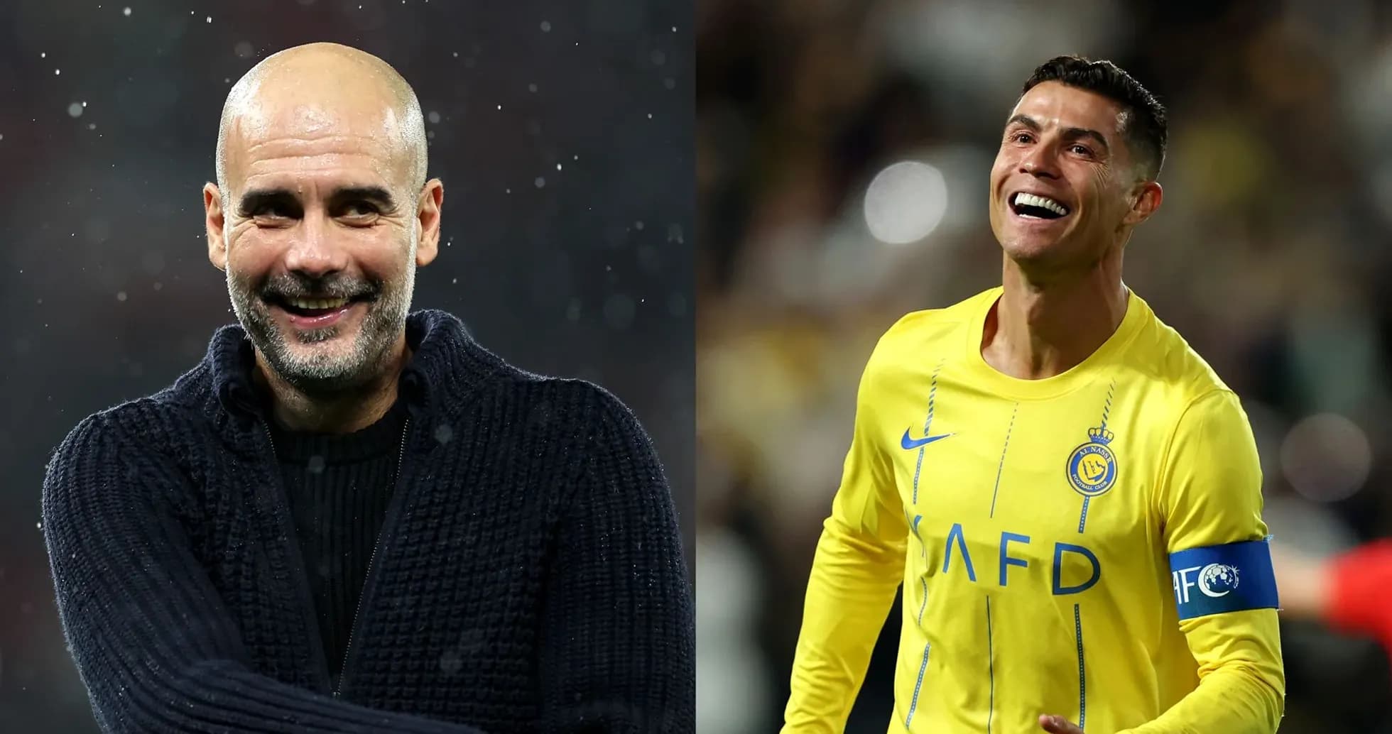 Pep Guardiola smiling alongside Cristiano Ronaldo celebrating