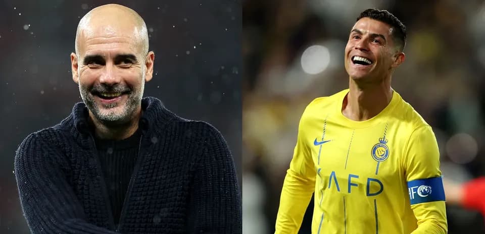 Pep Guardiola smiling alongside Cristiano Ronaldo celebrating