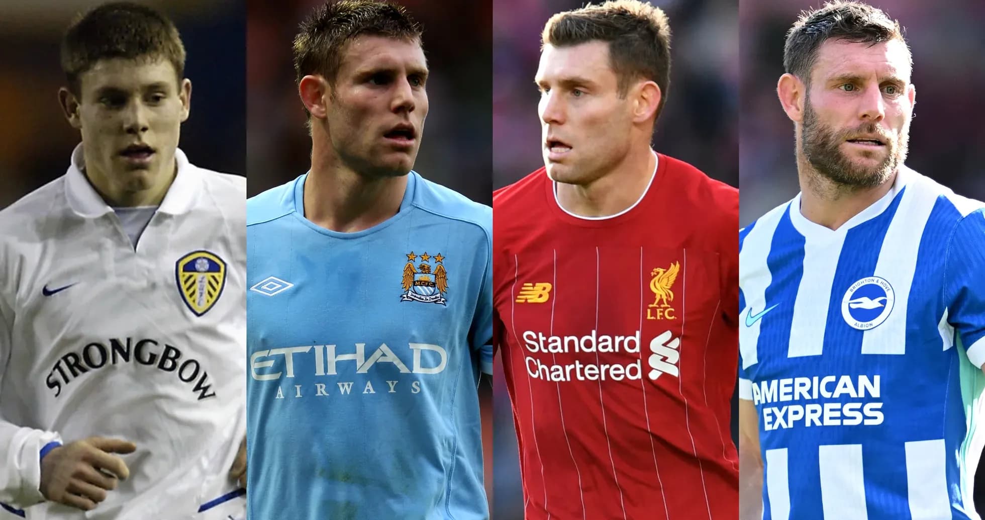 Four football players in different club jerseys