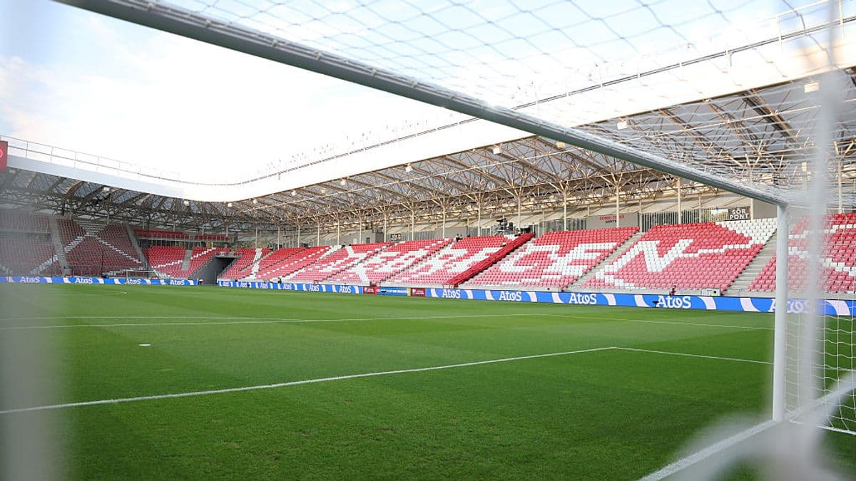 View of empty stadium from behind the goal