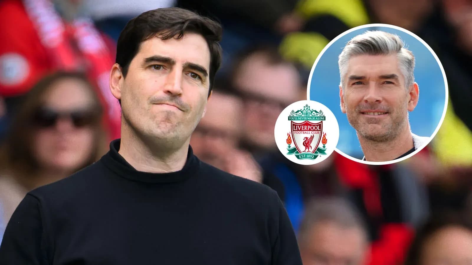 Coach looking on with Liverpool logo in corner